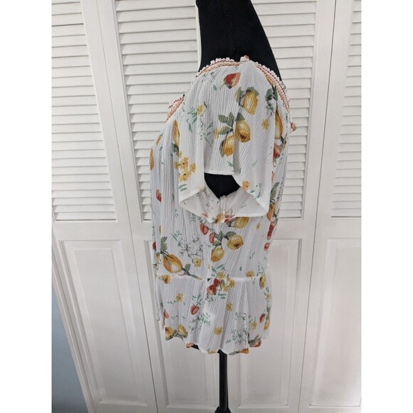 Maurices Top Womens Sz M Citrus Print Crinkle Short Sleeve Smock Elastic Ruffle - Picture 7 of 12